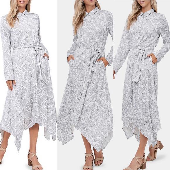 En Saison Scarf-Print Button-Front Midi Dress Small Satiny Long Sleeves‎ Belted - Picture 1 of 9